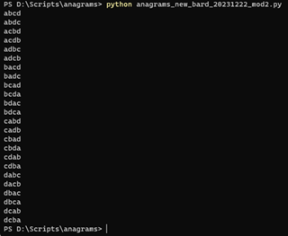 Second Modified Python anagrams Bard code running on Windows console